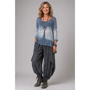 Pronto Moda Gilsy Blue Tie Dye Silk Blend Tunic Top XL 3/4 Sleeve Boho Lagenlook